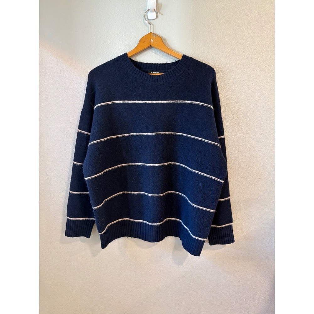 The Workshop Striped Sweater Women's Sm Navy Blue Good Crewneck Knit Wool Blend